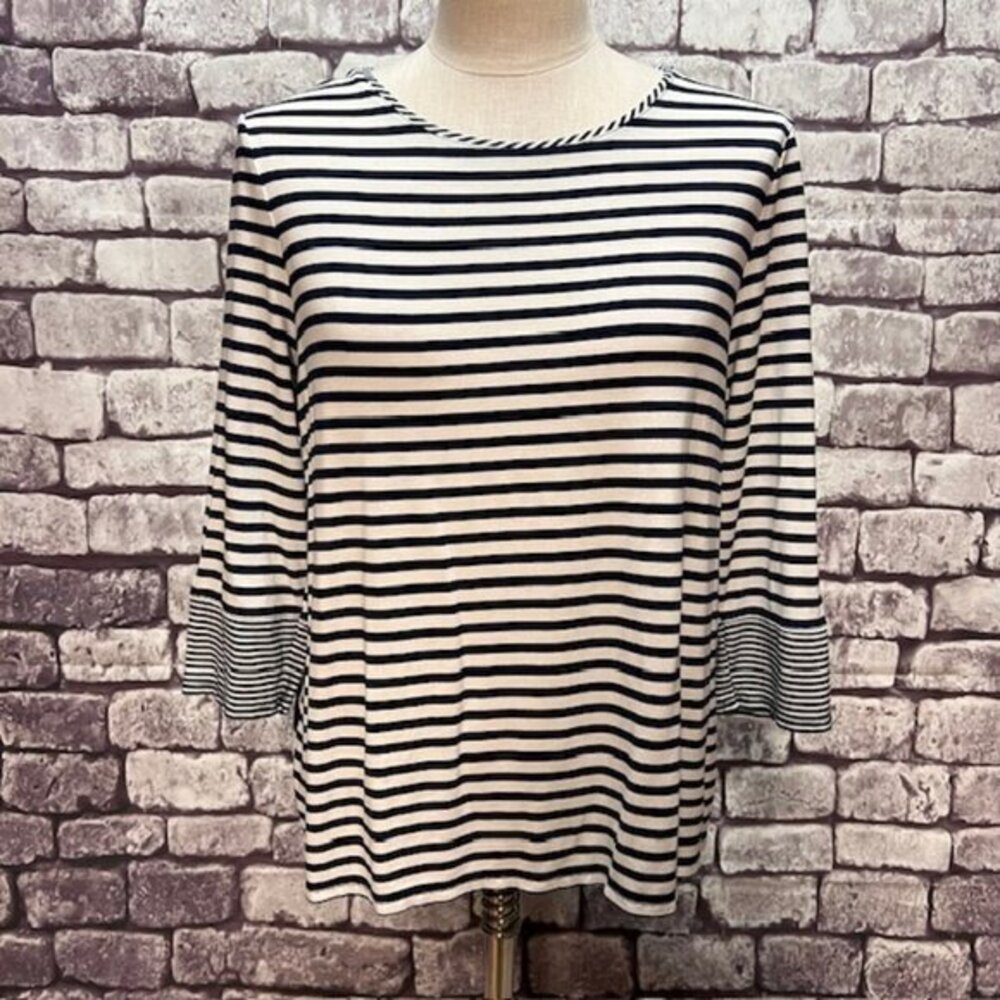 Chico's Navy & White Stripe 3/4 Sleeve Blouse Size L Petite